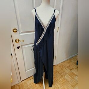 NEW ZHEN NYMPH Navy Blue Fringe Wrap Dress Embroidered Trim L/XL
